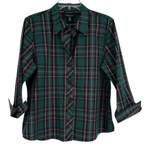 Foxcroft Button Up Shirt Womens Size 16P Collared Green Black Plaid Metallic